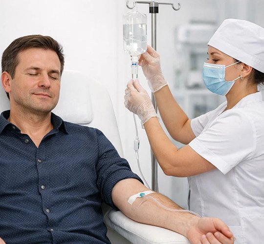 Мужчина лежит на больничной койки с капельницей